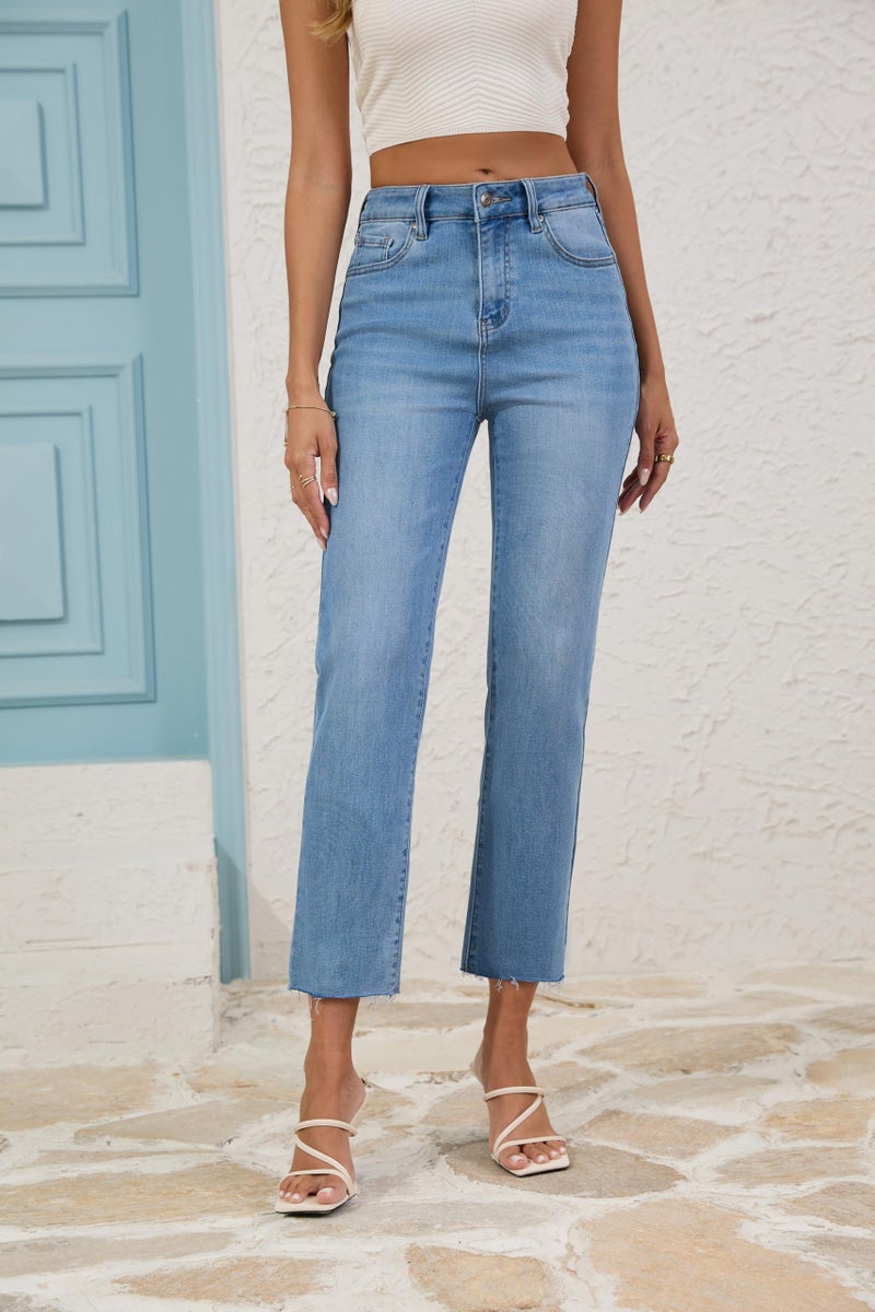 FLYING BANANA Women's High Waisted Straight Slim Ankle Stretch Denim Trendy Jeans (Light Blue, 2) - Image 2