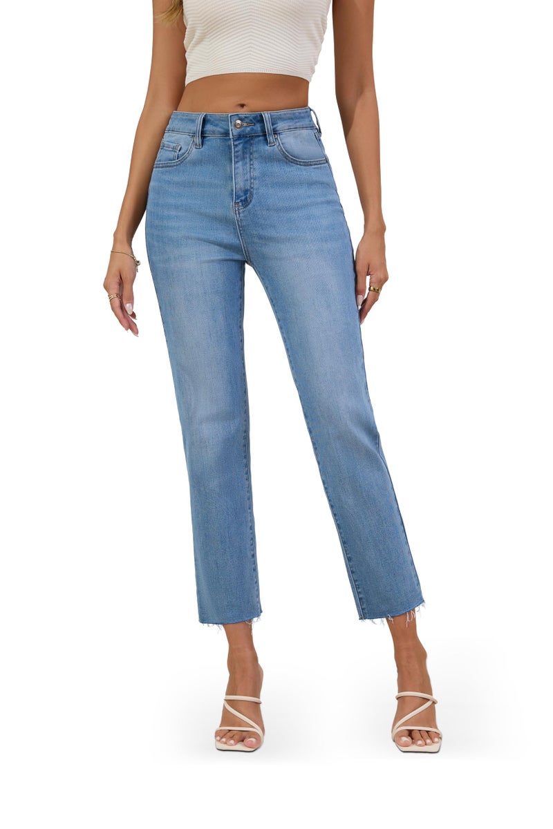 FLYING BANANA Women's High Waisted Straight Slim Ankle Stretch Denim Trendy Jeans (Light Blue, 2) - Image 1
