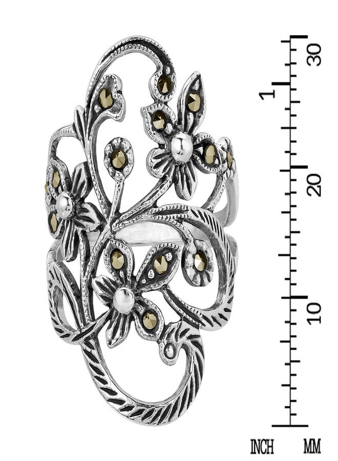 ايرافيدا خاتم إيرافيدا الجميل من الفضة الإسترليني عيار 925 بتصميم زهرة الكرمة المرصعة بالبيريت على طراز الماركاسيت (مقاس 7) | خاتم زهري عتيق للنساء | مجوهرات عصرية - Image 4