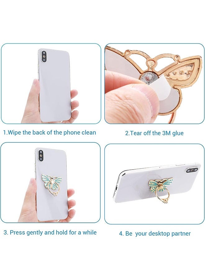 حوامل خواتم الهواتف المحمولة، 4 قطع من حوامل خواتم الهاتف على شكل فراشة مع أحجار الراين اللامعة وحامل إصبع معدني مع حلقة ومقبض قابل للدوران 180°/360° (4 ألوان) - Image 5