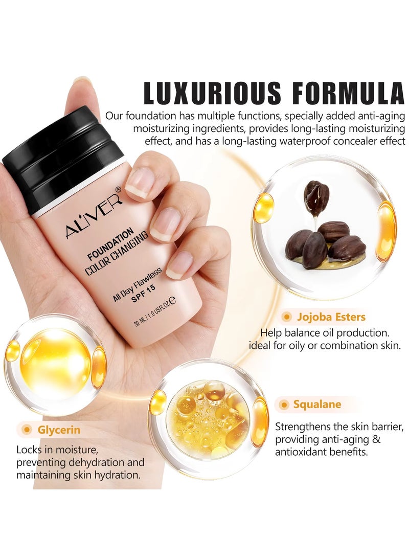 ALIVER كريم أساس متغير اللون خافي العيوب مرطب للوجه للنساء SPF15 أساس مكياج متغير اللون خفيف الوزن كريم أساس سائل 30 مل - Image 3