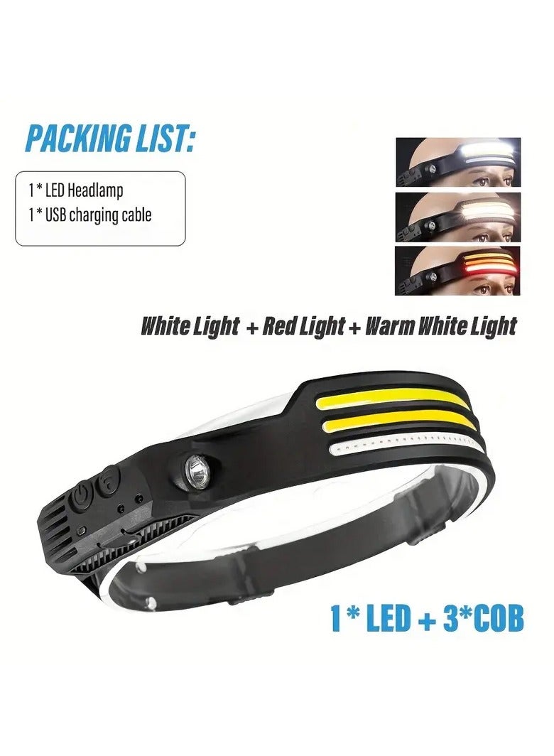 تي بي إٍس ديزاين مصباح رأس LED COB LED فائق السطوع من TBS DESIGN مزود بـ 8 أوضاع إضاءة ومصباح أمامي وخوذة صلبة مع مستشعر حركة ومقاوم للماء بدرجة IPX4 - Image 3