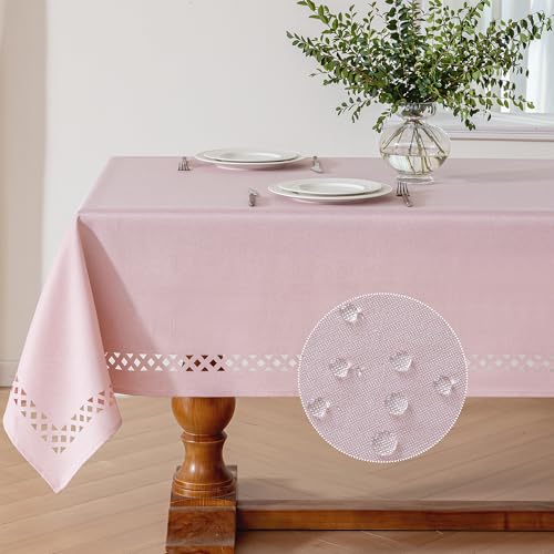 Jia le JIALE Pink Rectangle Linen Polyester Tablecloth with Decorative Cutouts, Waterproof Table Cloth Wrinkle Free Light Pink Valentines Farmhouse Dining Table Cover for Outdoor Party Camping, 55 x 70 inch - Image 5