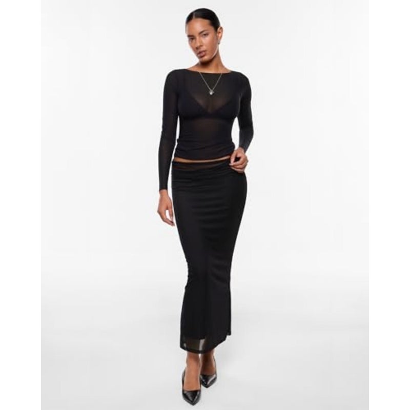 Anleric Women's Sheer Mesh Blouse Long Sleeve Sheer Boat Neck Blouse Outfits Fashion Sexy Shirts - Image 2