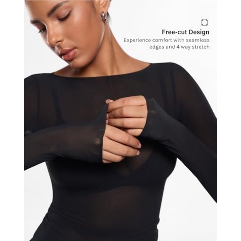 Anleric Women's Sheer Mesh Blouse Long Sleeve Sheer Boat Neck Blouse Outfits Fashion Sexy Shirts - Image 4