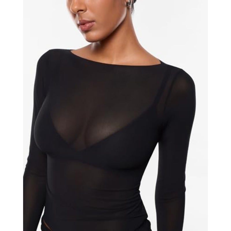 Anleric Women's Sheer Mesh Blouse Long Sleeve Sheer Boat Neck Blouse Outfits Fashion Sexy Shirts - Image 3