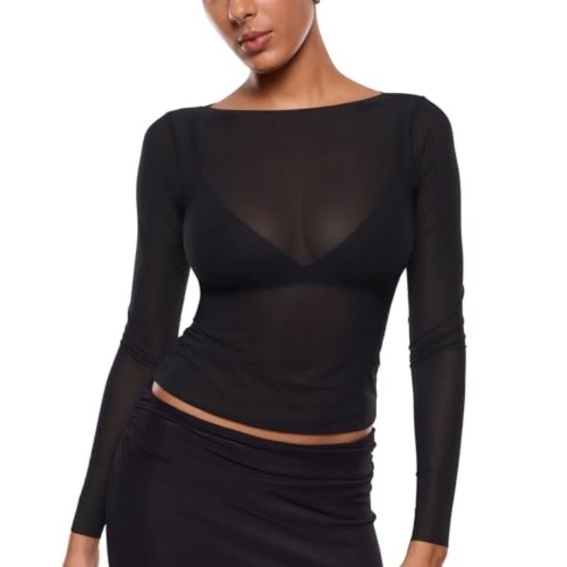 Anleric Women's Sheer Mesh Blouse Long Sleeve Sheer Boat Neck Blouse Outfits Fashion Sexy Shirts - Image 1