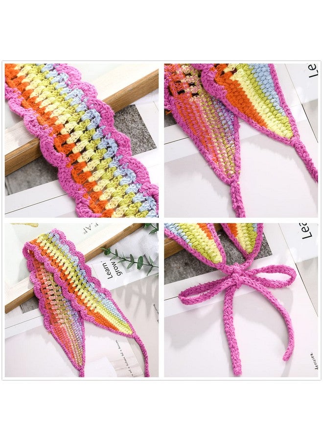 سي اتش ال اي انس اس عصابة رأس كروشيه للنساء من الزهور 3 قطع من زهور الأقحوان المرنة المصنوعة يدويًا من الكروشيه عصابة رأس منسوجة بوهيمية للنساء والفتيات (قوس قزح + بيج + قهوة داكنة) - Image 3