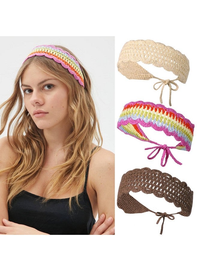 سي اتش ال اي انس اس عصابة رأس كروشيه للنساء من الزهور 3 قطع من زهور الأقحوان المرنة المصنوعة يدويًا من الكروشيه عصابة رأس منسوجة بوهيمية للنساء والفتيات (قوس قزح + بيج + قهوة داكنة) - Image 1