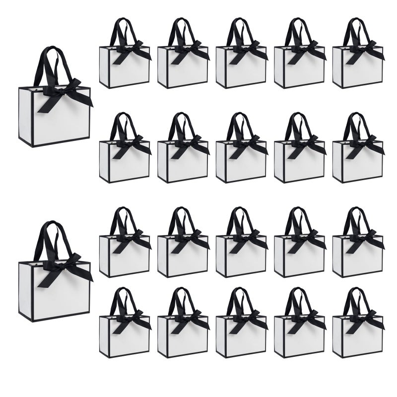 TKSBAG 50 PCS Small White Black Gift Bags, 6.4 * 3.1 * 5.1 Inch Thank You Bags with Bow Ribbon with Handles Bulk for Baby Shower, Bridal Shower, Wedding, Party Favors, Valentine - Image 1