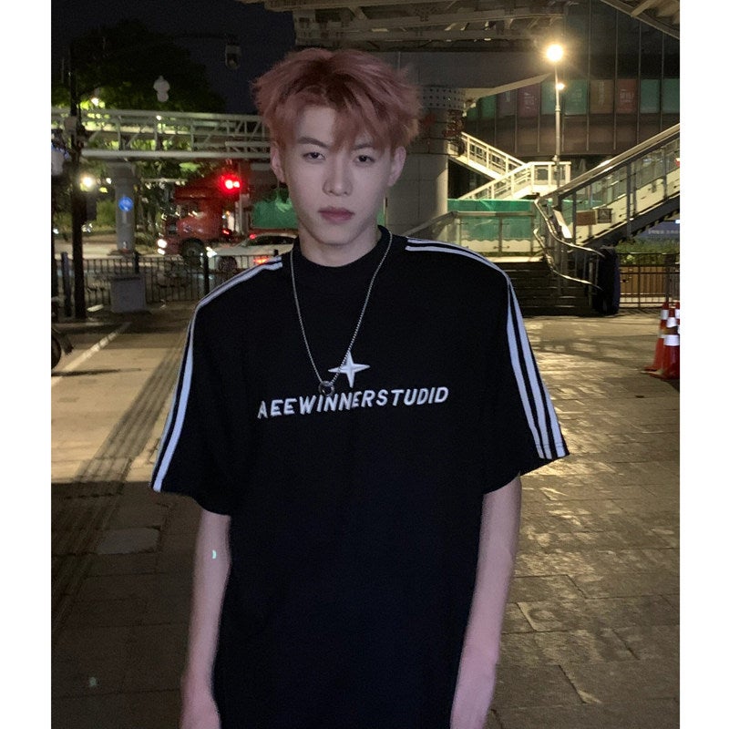 American retro three-bar striped shoulder heavy short-sleeved t-shirt men's summer fashion brand small collar niche couple half-sleeved - Image 3