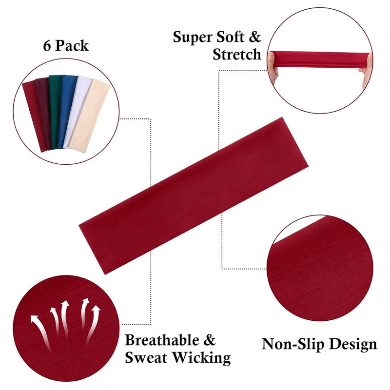 TERSE Women's Non Slip Elastic Sweat Headbands, Soft Fabric Hair Bands, 6 Count (Pack of 6), 2.25 inches Wide, Sports Headbands, Female, Adult - Image 3
