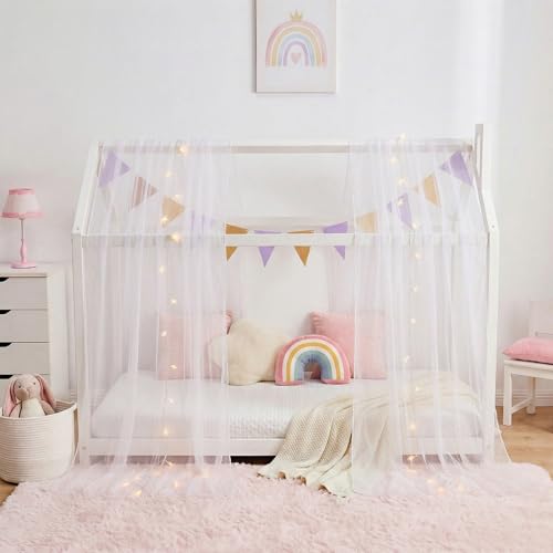 WANFASO House White Bed Canopy with Lights, Princess Sheer Canopy Bed Curtain for Girls Kids Room Decor, Twin Bed Canopy Scarf Curtains (2 Panel) - Image 1