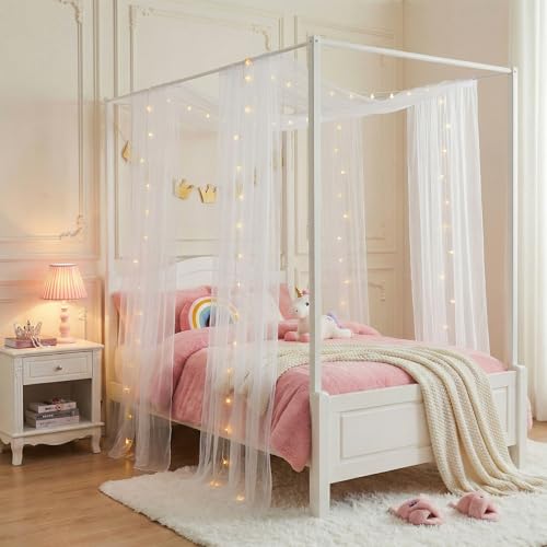 WANFASO House White Bed Canopy with Lights, Princess Sheer Canopy Bed Curtain for Girls Kids Room Decor, Twin Bed Canopy Scarf Curtains (2 Panel) - Image 3