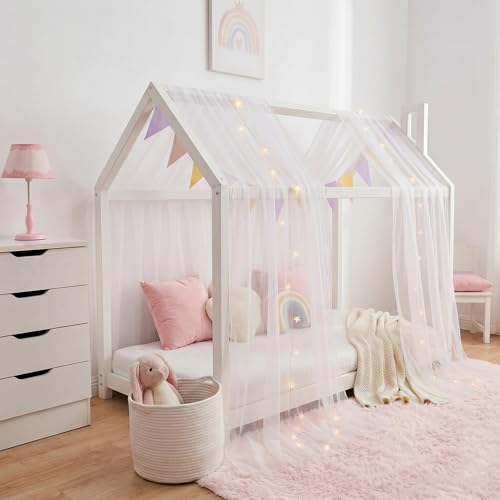 WANFASO House White Bed Canopy with Lights, Princess Sheer Canopy Bed Curtain for Girls Kids Room Decor, Twin Bed Canopy Scarf Curtains (2 Panel) - Image 2
