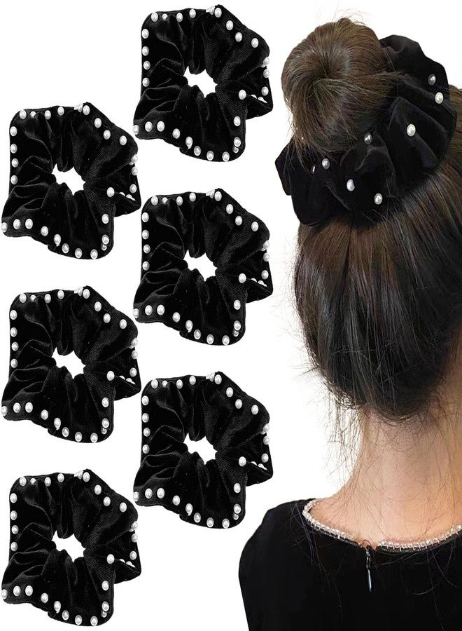 Aswewamt 6 Pcs Pearl Velvet Elastic Hair Ties Black Ponytail Holders Pearl Rubber Band Hair Ropes Headbands Hair Accessories Scrunchie Ropes for Women Girls - Image 1