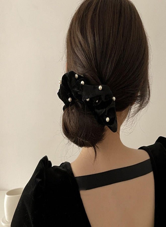 Aswewamt 6 Pcs Pearl Velvet Elastic Hair Ties Black Ponytail Holders Pearl Rubber Band Hair Ropes Headbands Hair Accessories Scrunchie Ropes for Women Girls - Image 3