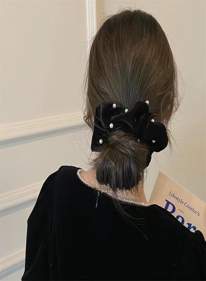 Aswewamt 6 Pcs Pearl Velvet Elastic Hair Ties Black Ponytail Holders Pearl Rubber Band Hair Ropes Headbands Hair Accessories Scrunchie Ropes for Women Girls - Image 4