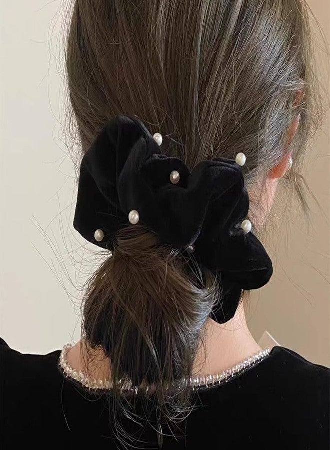 Aswewamt 6 Pcs Pearl Velvet Elastic Hair Ties Black Ponytail Holders Pearl Rubber Band Hair Ropes Headbands Hair Accessories Scrunchie Ropes for Women Girls - Image 5