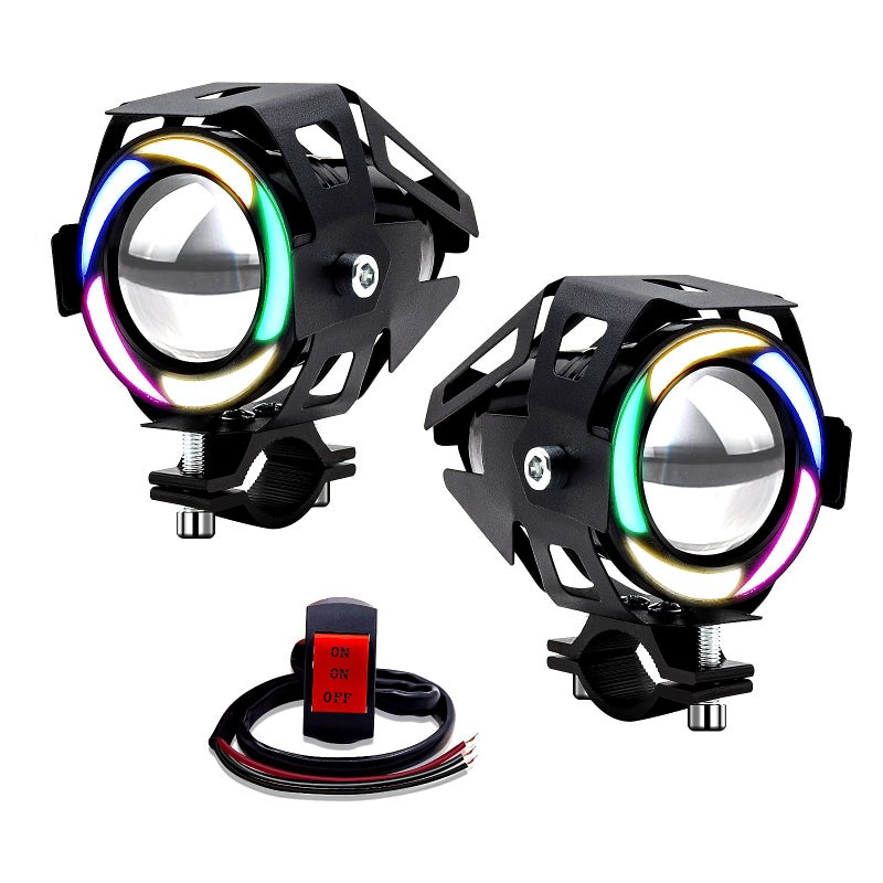 NWpangu 2pcs LED Motorcycle Spotlights Driving Fog Lights with Colorful Angel Eye Ring Universal for Motorcycle ATV Street Bike Truck Boat Included Switch