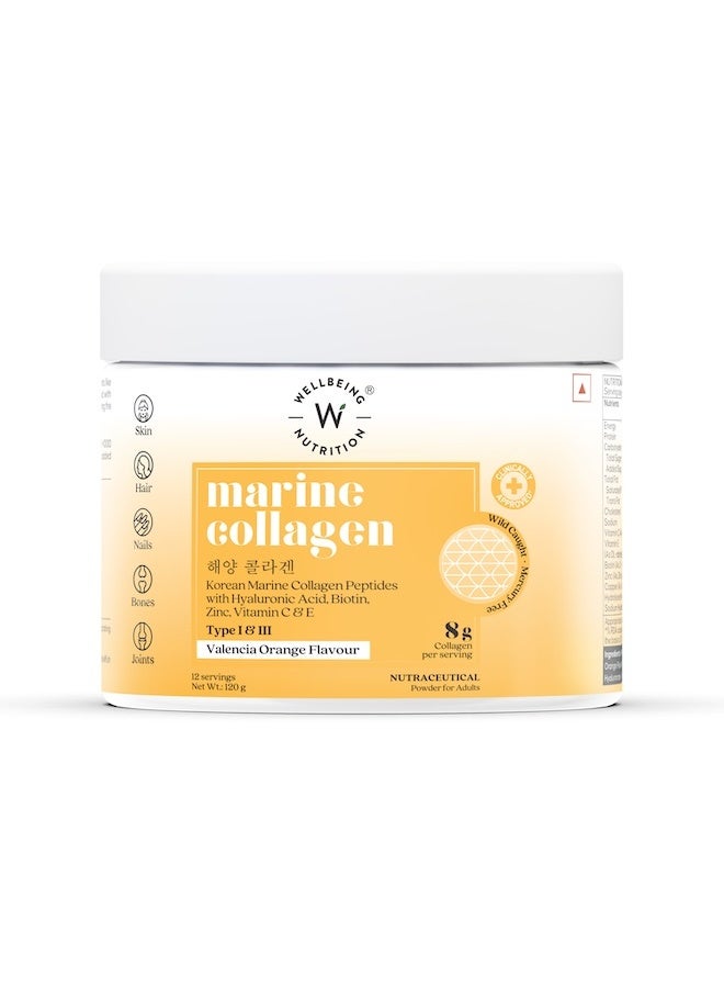 WELLBEING NUTRITION Pure Korean Marine Collagen Peptides Supplement for Skin, Hair, Nails & Joints | Clinically Proven | High Absorption 8 gms Collagen, Valencia Orange, 120 gms - Image 1
