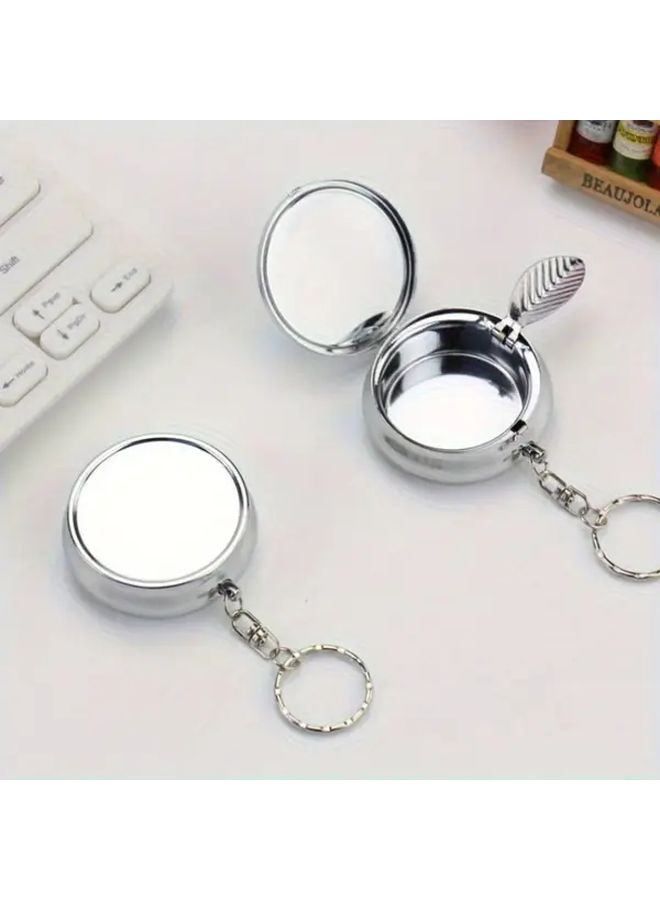 Portable Stainless Steel Ashtray With Keychain 1pc Compact Round Outdoor Travel - Image 1