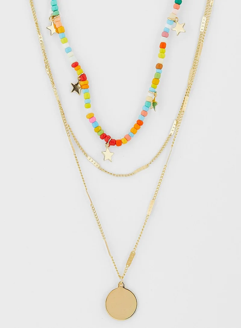 Ginger Layered Beaded Star Pendant Necklace