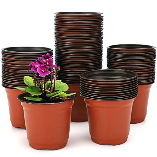 KINGLAKE 100 Pcs 4" Plastic Plants Nursery Pot/Pots Seedlings Flower Plant Container Seed Starting Pots,4 Inch,Red - Image 1