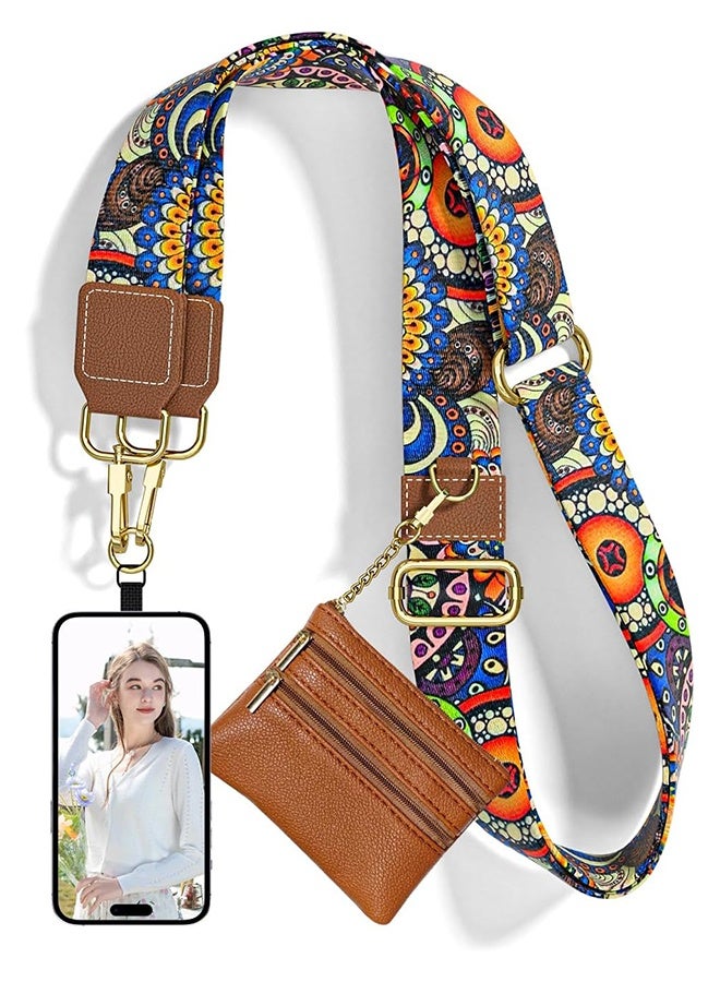 Crossbody Phone Strap with Wallet, Clip and Go Strap for Phone with Wallet, Adjustable Crossbody Cell Belt with Zippered Pouch, Neck Shoulder Cell Lanyard for Women, Bohemian Sun - Image 1