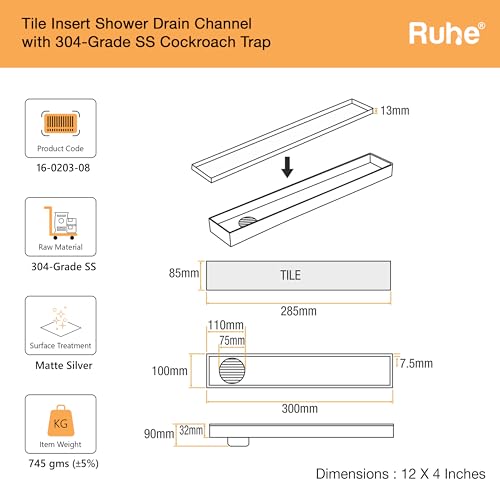Ruhe® Tile Insert Shower Drain Channel | 12 x 4 Inches Waste Water Floor Drain for 13mm Tile | 304 Stainless Steel Invisible Shower Drain Channel | Drain Channel with Cockroach Trap and Side Hole - Image 2