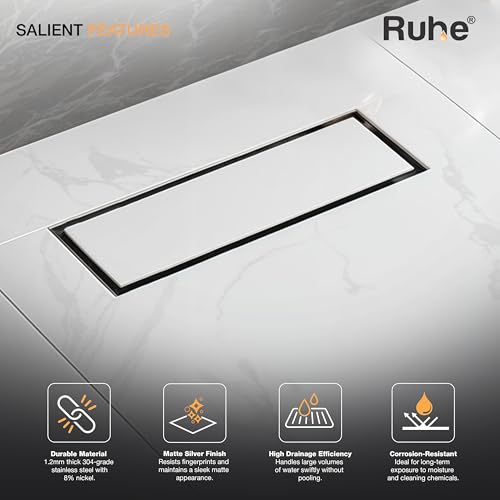 Ruhe® Tile Insert Shower Drain Channel | 12 x 4 Inches Waste Water Floor Drain for 13mm Tile | 304 Stainless Steel Invisible Shower Drain Channel | Drain Channel with Cockroach Trap and Side Hole - Image 4