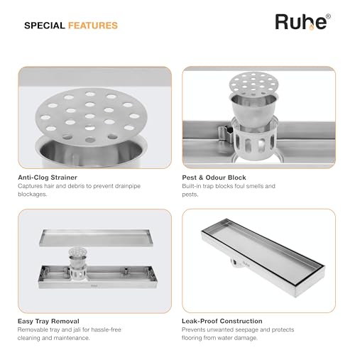 Ruhe® Tile Insert Shower Drain Channel | 12 x 4 Inches Waste Water Floor Drain for 13mm Tile | 304 Stainless Steel Invisible Shower Drain Channel | Drain Channel with Cockroach Trap and Side Hole - Image 3