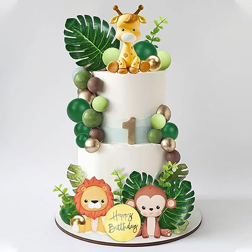 DRWATE Jungle Safari Animal Cake Topper with Colourful Balls Plam Leaves Cake Decoration for Girls Boys Wild Theme Birthday Party Baby Shower Supplies (STYLE 3) - Image 5