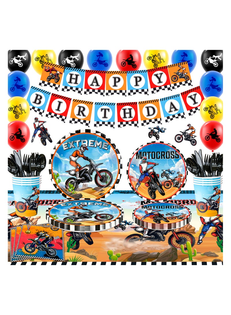 Motorcycle Birthday Decorations for 10 Guests, 98pcs Dirt Bike Party Disposable Tableware Set - Image 1