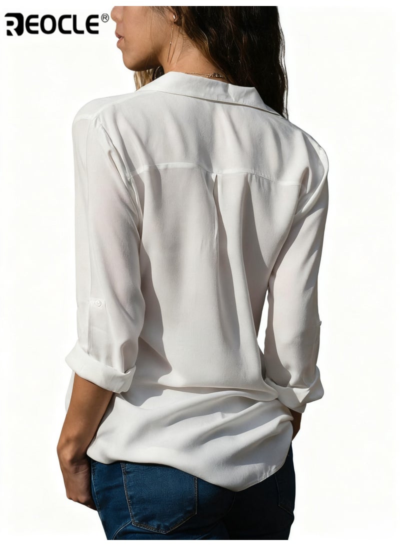 ريوكل قميص نسائي بأكمام طويلة وتصميم بأزرار أمامية، بلوزة عمل مريحة من الأستيت بمقاس منتظم لارتداء المكتب - Image 2