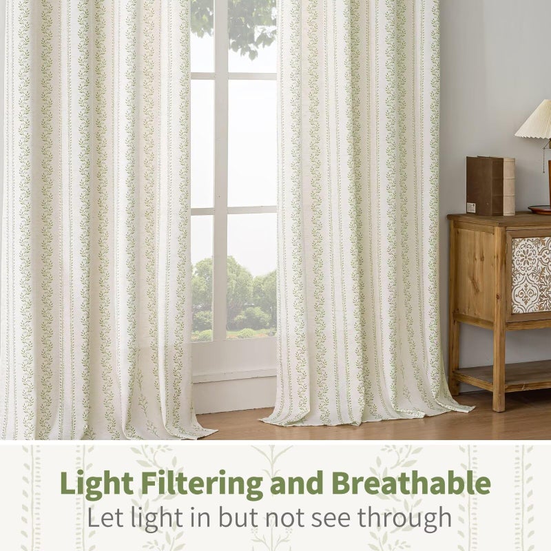 BGment Sage Green Floral Curtains 84 Inch Long, Light Filtering Linen Curtains with Botanical Leaf Print for Living Room Cottage Core Farmhouse Rustic, 2 Panels Set, 52 x 84 Inch - Image 5