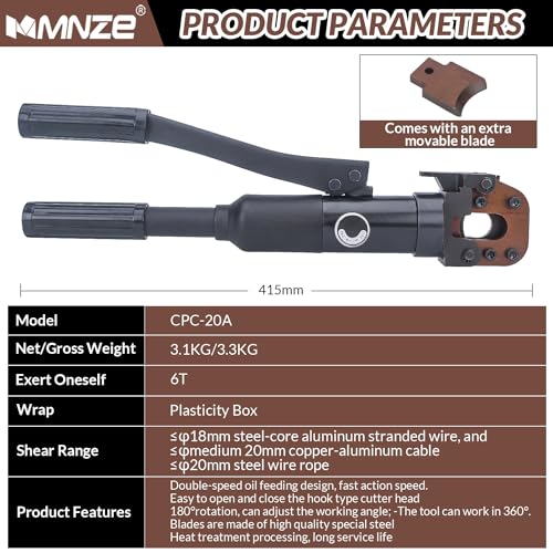 MMNZE 6T Hydraulic Cable Cutter Heavy Duty Wire Rope Cutter Bolt Cutter Wire Shear for CopperAluminum Cable Armored Cable ACSR Steel Wire Rope Steel Strand Wire - Image 3
