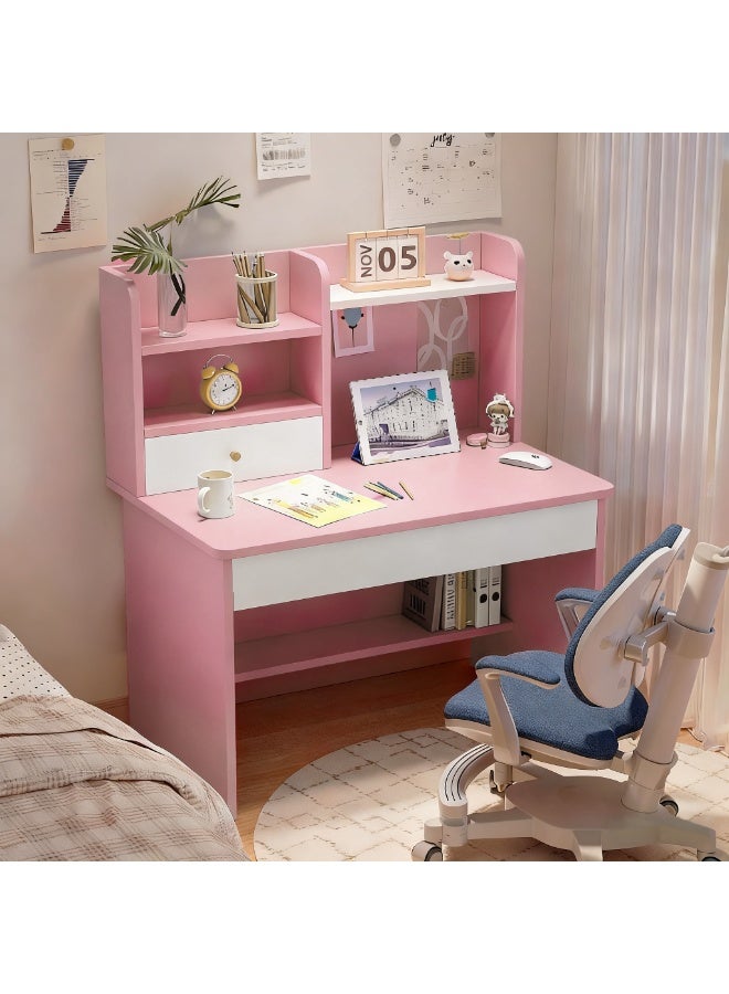 Kids Study Desk with Bookshelf and Drawer, Children Study Table for Boys Girls, Student Writing Desk Learning Table for Home Bedroom, Pink, YN118 - Image 3