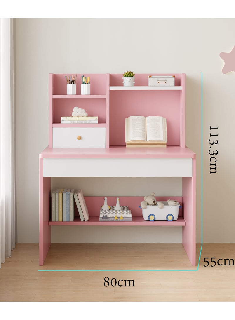 Kids Study Desk with Bookshelf and Drawer, Children Study Table for Boys Girls, Student Writing Desk Learning Table for Home Bedroom, Pink, YN118 - Image 2
