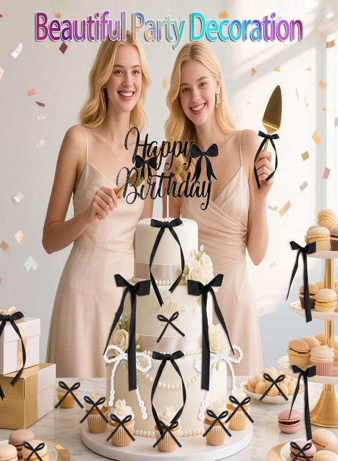 ZLSPTK 40Pcs Bow Cupcake Topper Black 1 Happy Birthday Pearl Bowknot Cake Topper Coquette 3D Ribbon Cupcake Decorations for Baby Shower Cute Cake Dessert Picks Aesthetic Party Wedding Room Decor Supplies - Image 3