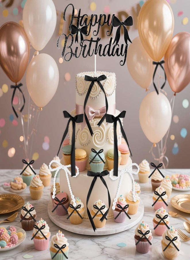 ZLSPTK 40Pcs Bow Cupcake Topper Black 1 Happy Birthday Pearl Bowknot Cake Topper Coquette 3D Ribbon Cupcake Decorations for Baby Shower Cute Cake Dessert Picks Aesthetic Party Wedding Room Decor Supplies - Image 2