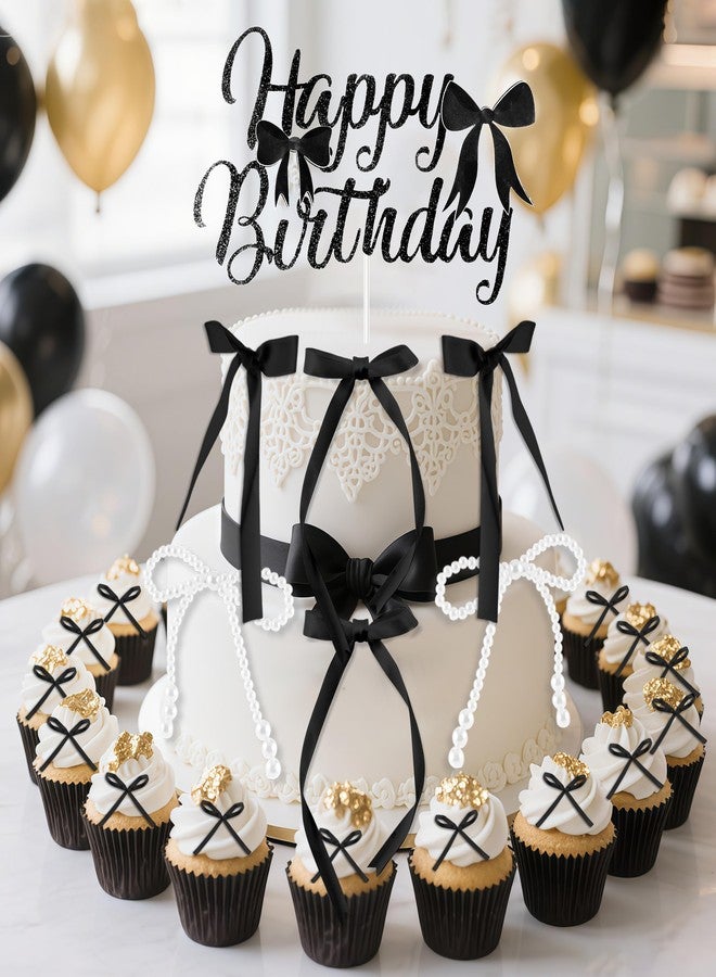 ZLSPTK 40Pcs Bow Cupcake Topper Black 1 Happy Birthday Pearl Bowknot Cake Topper Coquette 3D Ribbon Cupcake Decorations for Baby Shower Cute Cake Dessert Picks Aesthetic Party Wedding Room Decor Supplies - Image 5