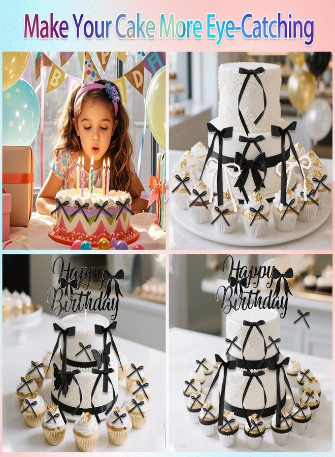 ZLSPTK 40Pcs Bow Cupcake Topper Black 1 Happy Birthday Pearl Bowknot Cake Topper Coquette 3D Ribbon Cupcake Decorations for Baby Shower Cute Cake Dessert Picks Aesthetic Party Wedding Room Decor Supplies - Image 4