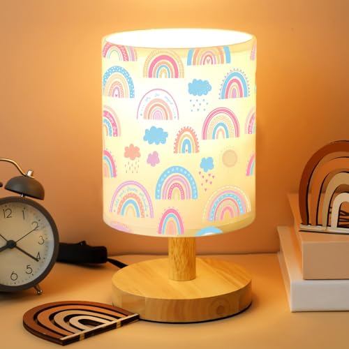 VIHOSE Rainbow Kids Table Lamp for Bedroom Kids Bedside Lamp with Linen Wooden Nightstand Cartoon Nursery Lampshade for Girls Boys Living Room - Image 1