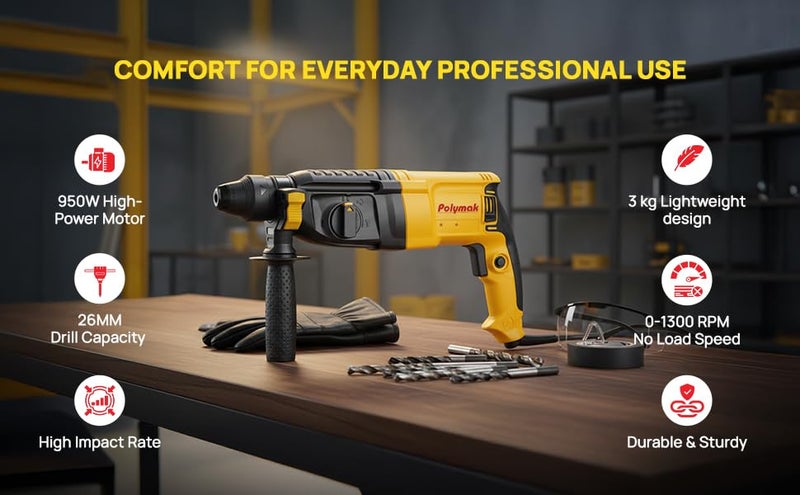 Polymak 950W Rotary Hammer Drill | 26 mm | Heavy-Duty Drilling & Chiseling Tool | 1300 RPM | 3.3 J Impact Energy | Quick-Change System | Lightweight 3 kg | Soft-Grip Handle | 6-Month Warranty | Yellow - Image 3
