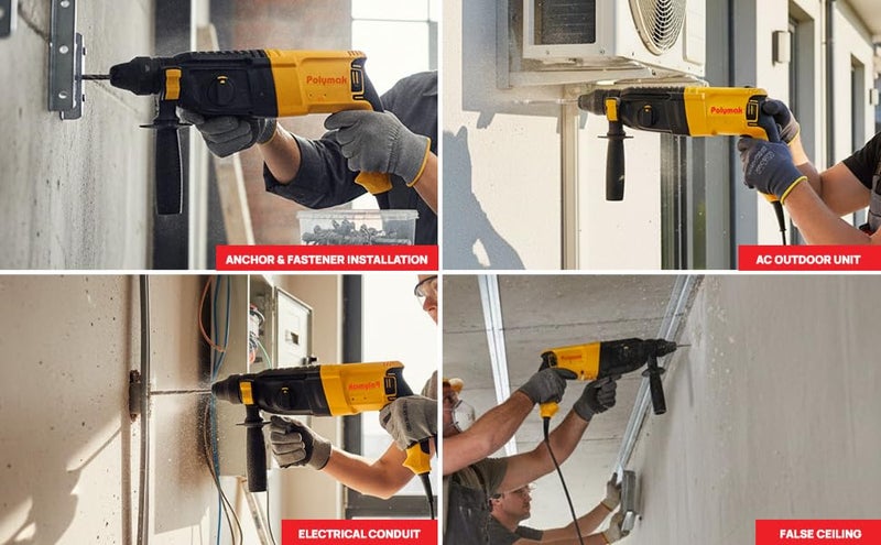 Polymak 950W Rotary Hammer Drill | 26 mm | Heavy-Duty Drilling & Chiseling Tool | 1300 RPM | 3.3 J Impact Energy | Quick-Change System | Lightweight 3 kg | Soft-Grip Handle | 6-Month Warranty | Yellow - Image 4