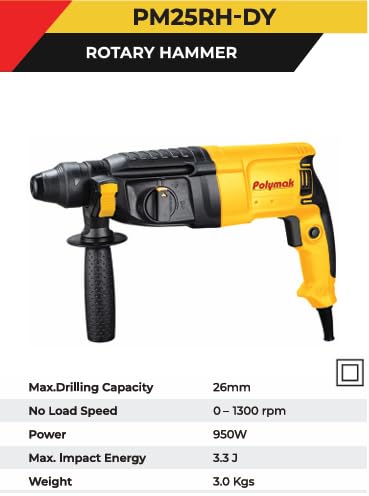 Polymak 950W Rotary Hammer Drill | 26 mm | Heavy-Duty Drilling & Chiseling Tool | 1300 RPM | 3.3 J Impact Energy | Quick-Change System | Lightweight 3 kg | Soft-Grip Handle | 6-Month Warranty | Yellow - Image 2