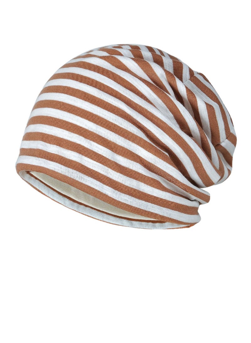Infinity Scarf Headwear Cap Stripes Breathable Beanie Hat Brown/White 