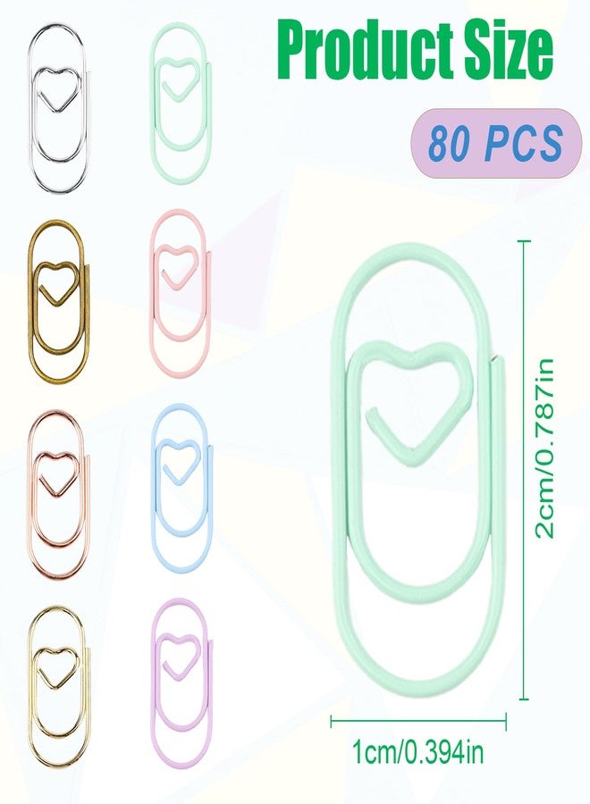 Pretwad 80 Pcs Heart Paper Clips - Love Heart-Shaped Small Clip Metal Journaling Clamps, Colorful Decorative Cute Paper Clips for Women, Document Note Sorting & Organizing - Image 2
