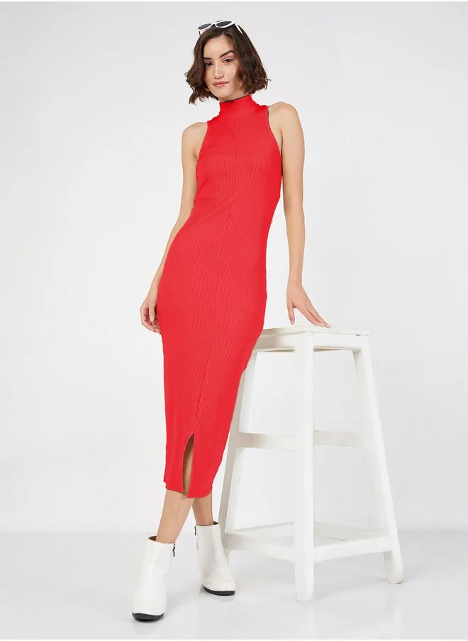 SASSAFRAS Rib Knit Turtle Neck Sleeveless Midi Dress